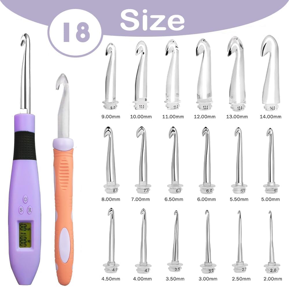 Yarniss Counting Crochet Hooks with Light, Digital Counter Crochet Hooks Set with Case (2~14mm/2.5~14mm)
