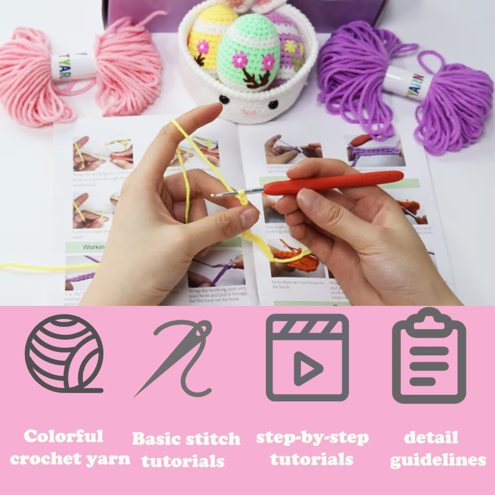 Yarniss Crochet Kit for Beginners,Crochet Starter Kits for Adults Amigurumi Craft Knitting Crocheting Kits with Step-by-Step Video Tutorials-Eggs & Basket
