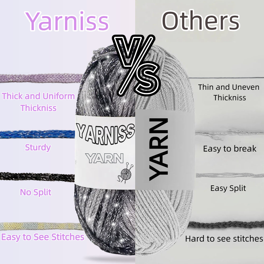 Yarniss Metallic Crochet Yarn for Knitting, 2.5mm Cotton Sparkle Yarn for Crochet Bag 3 Skeins of 100g/82yds(Black)