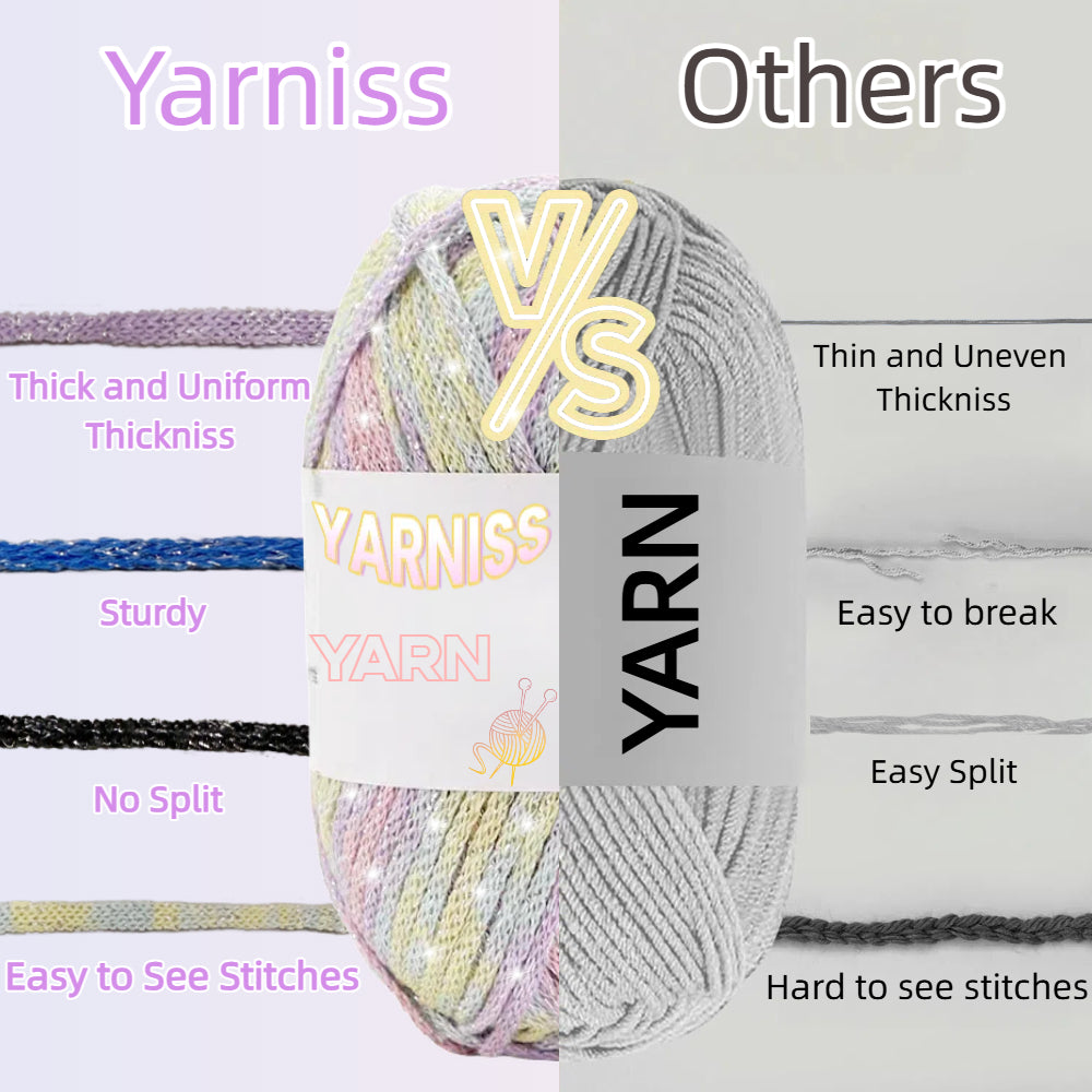 Yarniss Metallic Crochet Yarn for Knitting, 2.5mm Cotton Sparkle Yarn for Crochet Bag 3 Skeins of 100g/82yds(Rainbow Color)