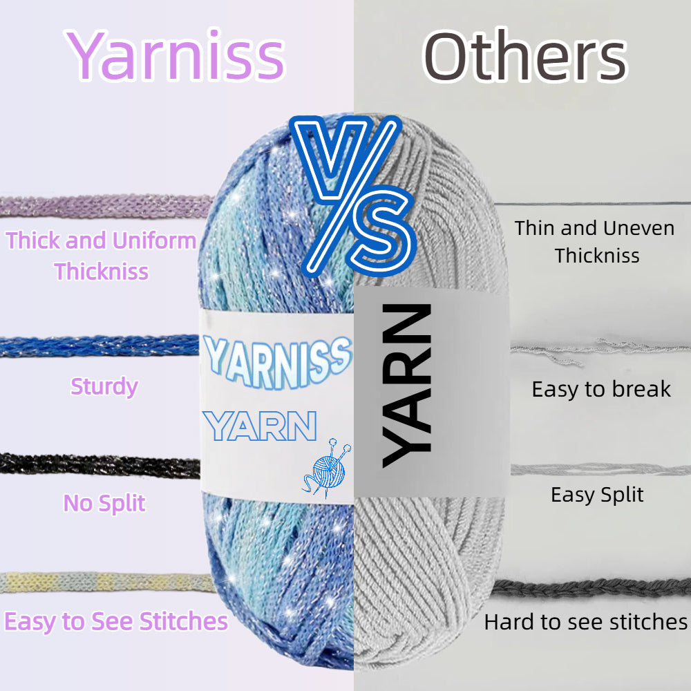 Yarniss Metallic Crochet Yarn for Knitting, 2.5mm Cotton Sparkle Yarn for Crochet Bag 3 Skeins of 100g/82yds(Blue)