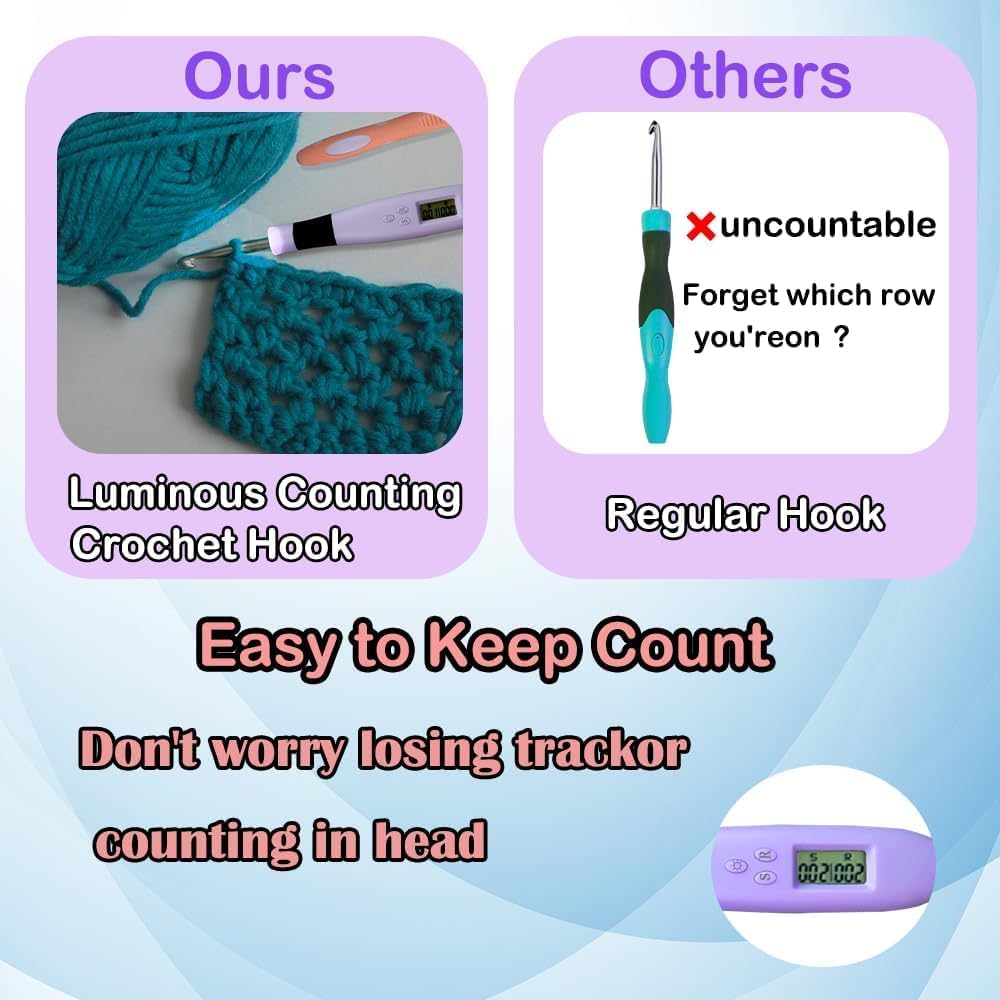 Yarniss Counting Crochet Hooks with Light, Digital Counter Crochet Hooks Set with Case (2~14mm/2.5~14mm)