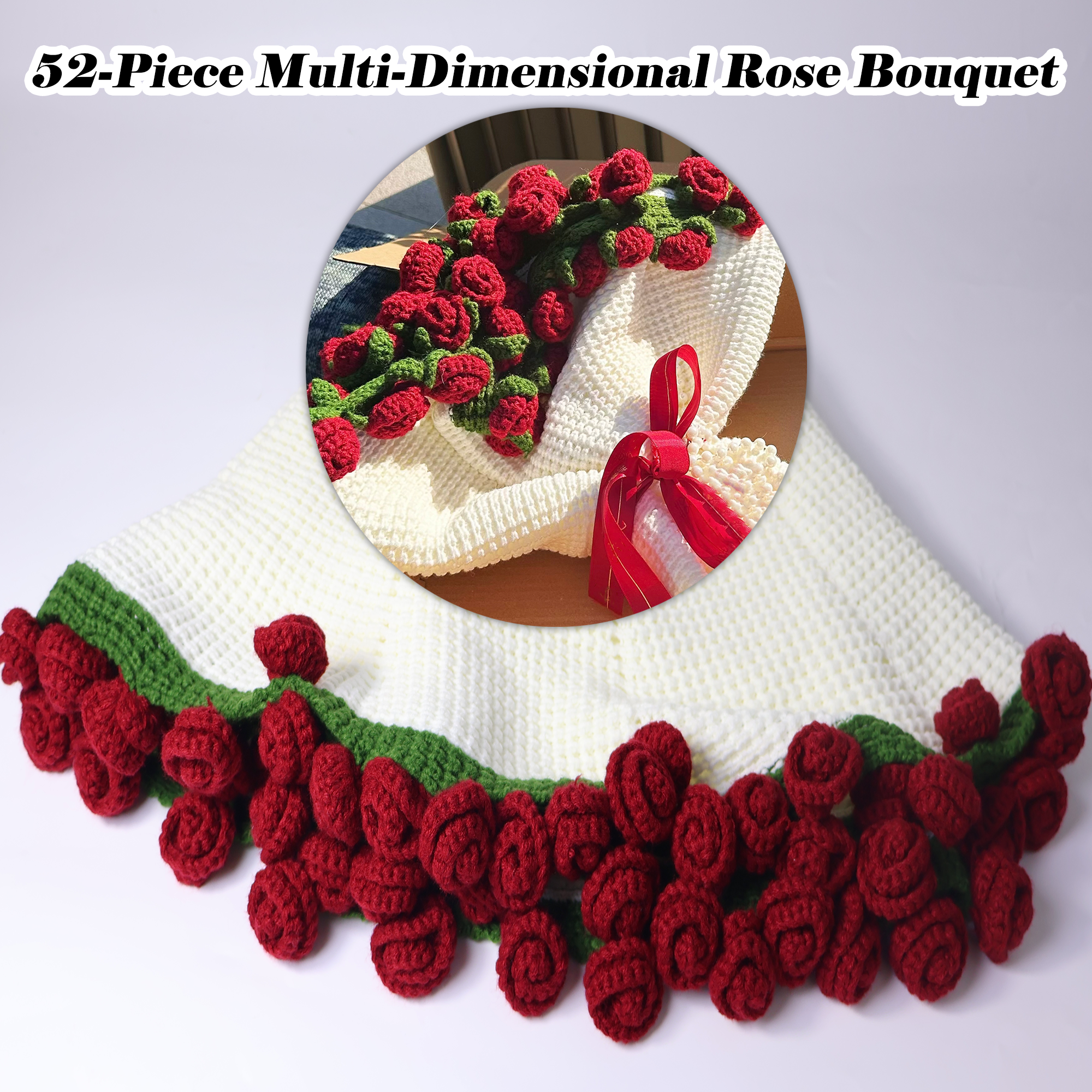 Yarniss Crochet Rose Bouquet Blanket 49"x49", Handmade Flower Blanket, Round Floral Blanket Gifts for Birthday &Valentine Day