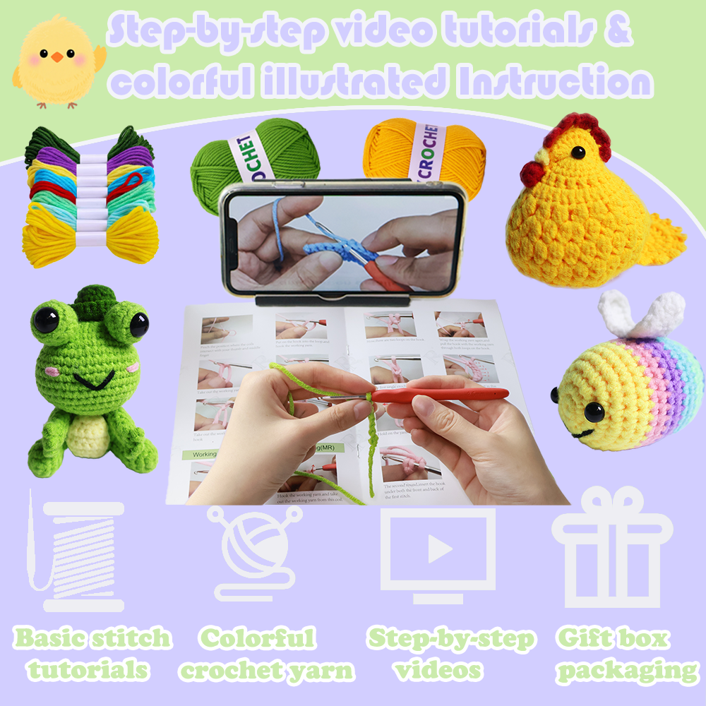 Yarniss Crochet Kit for Beginners,DIY Crochet Animal Kits for Bee,Frog,Chicken