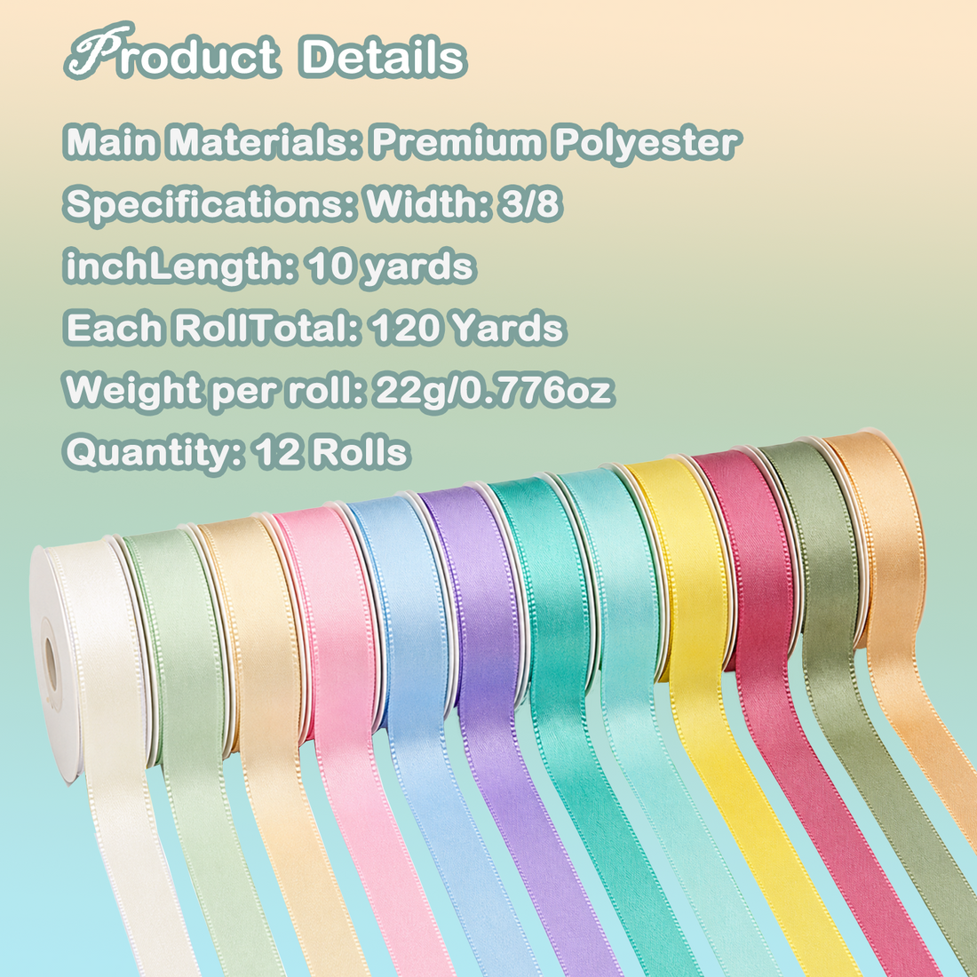 Yarniss Satin Ribbon Assortment, 12 Colors 3/8 Inch x 10 Yards per Roll (120 Yards Total) for Crafts, Gift Wrapping, Hair Bows, Party Decoration