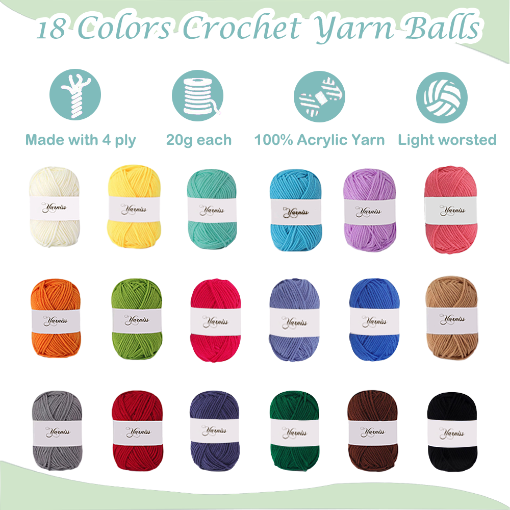 Yarniss Crochet Kits with Case, Beginner Crochet Set Includes 18 Yarn Skeins & 12 Ergonomic Crochet Hooks