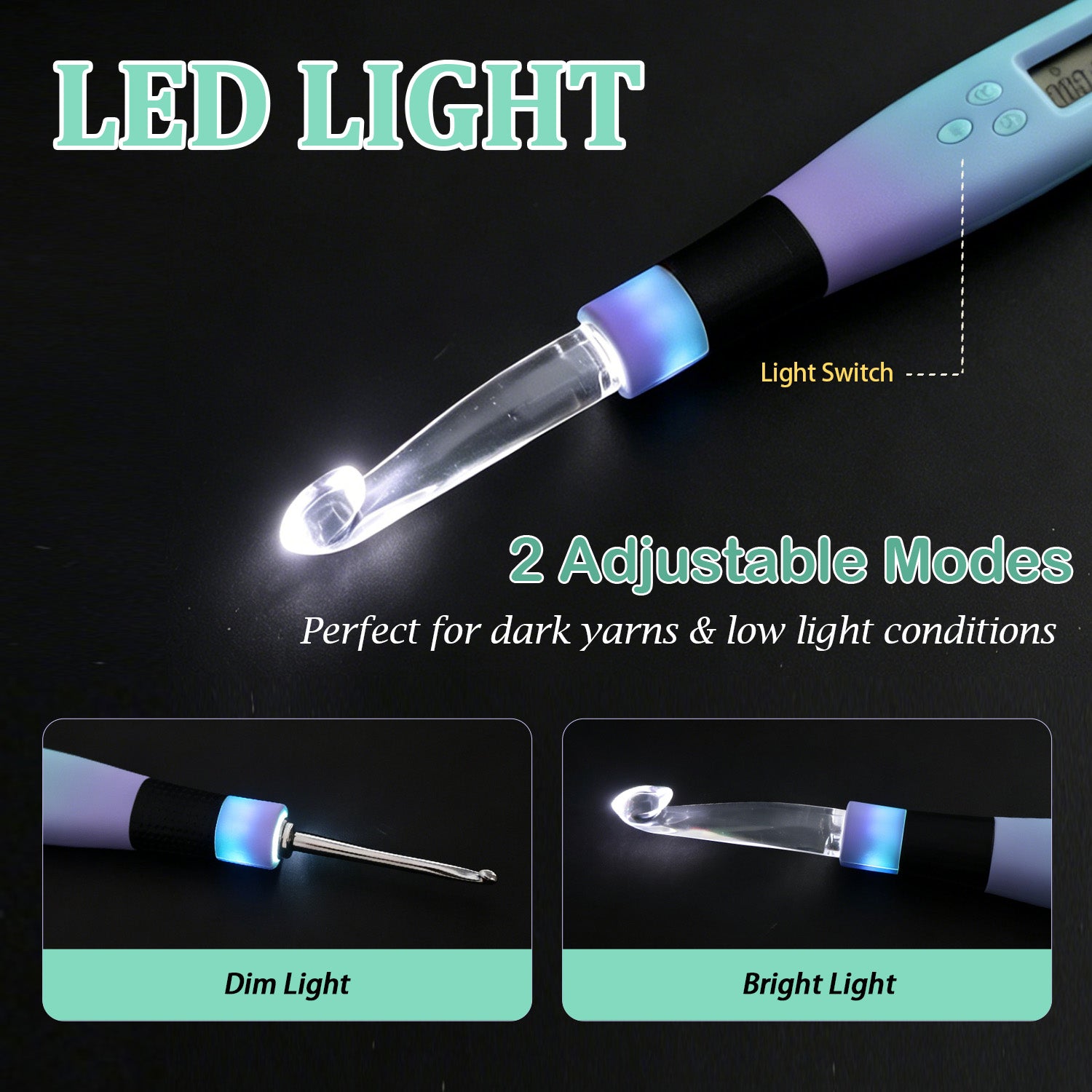 Yarniss 22 in 2 Lighted Counting Crochet Hook Set with Spiral Handle 2.0~14.0mm, Rechargeable Light Up Crochet Hook with Stitch Counter &amp; Case, Colorful Purple