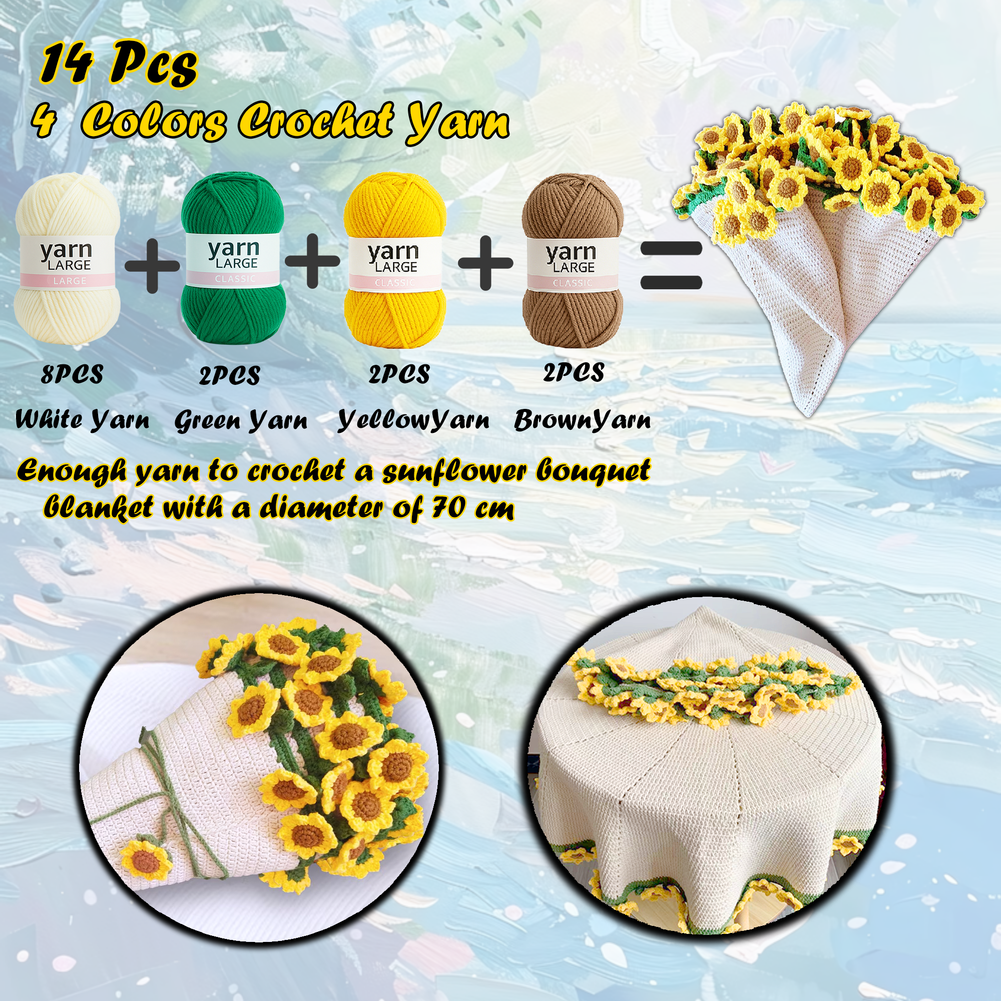Yarniss Crochet Kit for Blanket, Sunflower Blanket Kit with Instruction & Step-by-Step Video Tutorial, Floral Blanket Set for Beginner