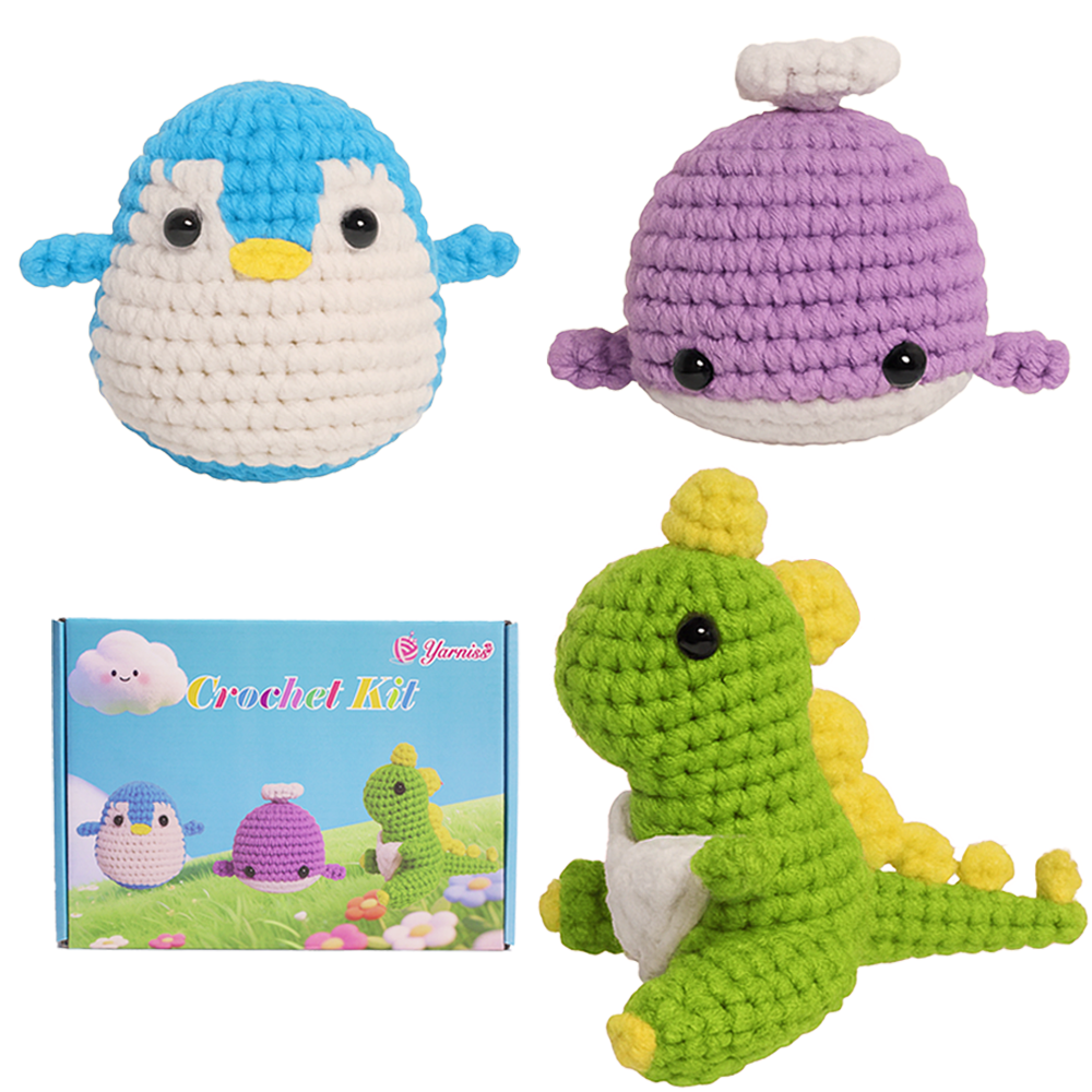 Yarniss Crochet Kit for Beginners,Easy Arts and Crafts Knitting & Crochet Animals Kit,Complete Kit Included ( Penguin,Whale,Dinosaur)