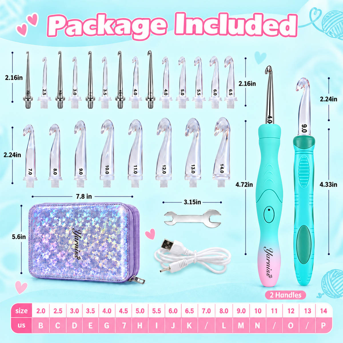 Yarniss Lighted Crochet Hooks Set with Copper Screw Knob Handle, Light Up Metal Crochet Hooks with Ergonomic Handle