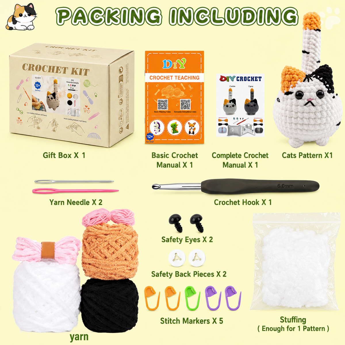 Yarniss Crochet Kit for Beginners, Big Calico Cat Starter Kit with Video Tutorials
