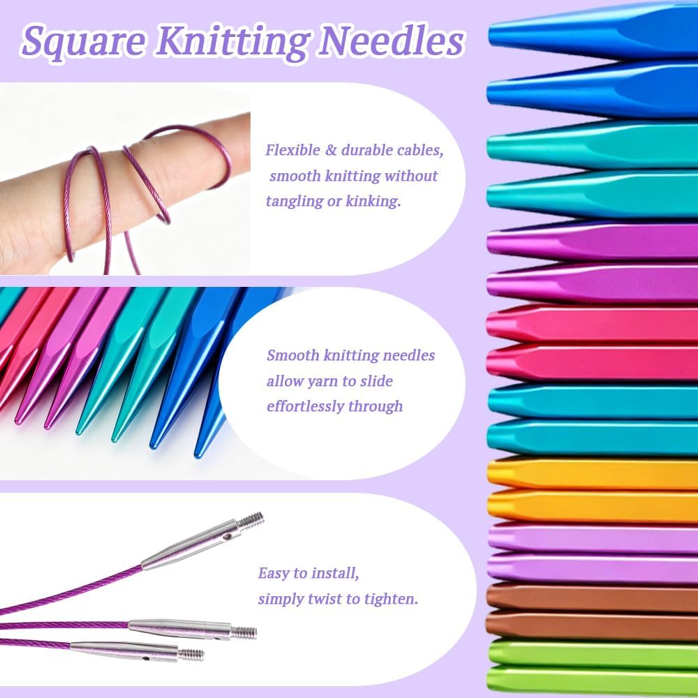 Yarniss 9 Pairs Square Circular Knitting Needles Set US 2.5~11, Interchangeable Knitting Needles Set,4.5" Aluminum Cubic Tips with 4 Flexible Cables&Storage Case