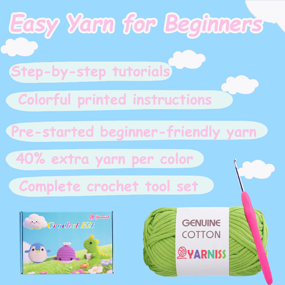 Yarniss Crochet Kit for Beginners,Easy Arts and Crafts Knitting & Crochet Animals Kit,Complete Kit Included ( Penguin,Whale,Dinosaur)