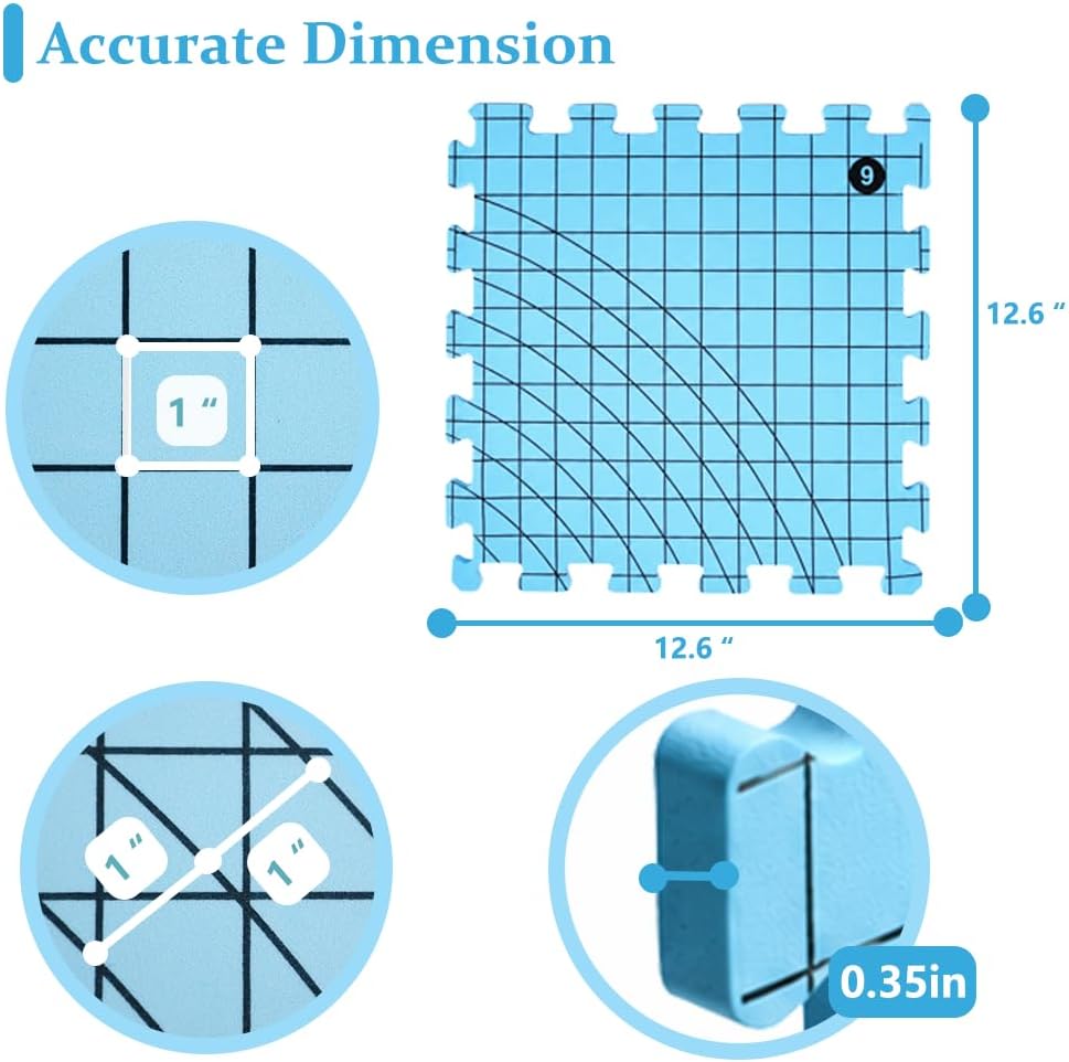 Yarniss Blocking Mats for Knitting & Crochet, 9PCS Interlocking Blocking Boards with Grids & Circle Line, 12" x 12" Crochet Blocking Board with 50 T-Pins, 8 Blocking Combs，Light Blue