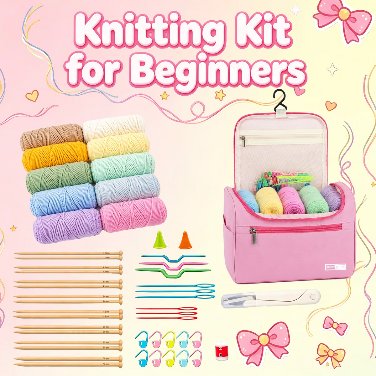 Yarniss Complete Knitting Kit for Beginners, Bamboo Knitting Needles Set 3.75mm-7mm, 10 yarn balls, Storage Case & Full Accessories, All-in-One Knitters Gift for Adults
