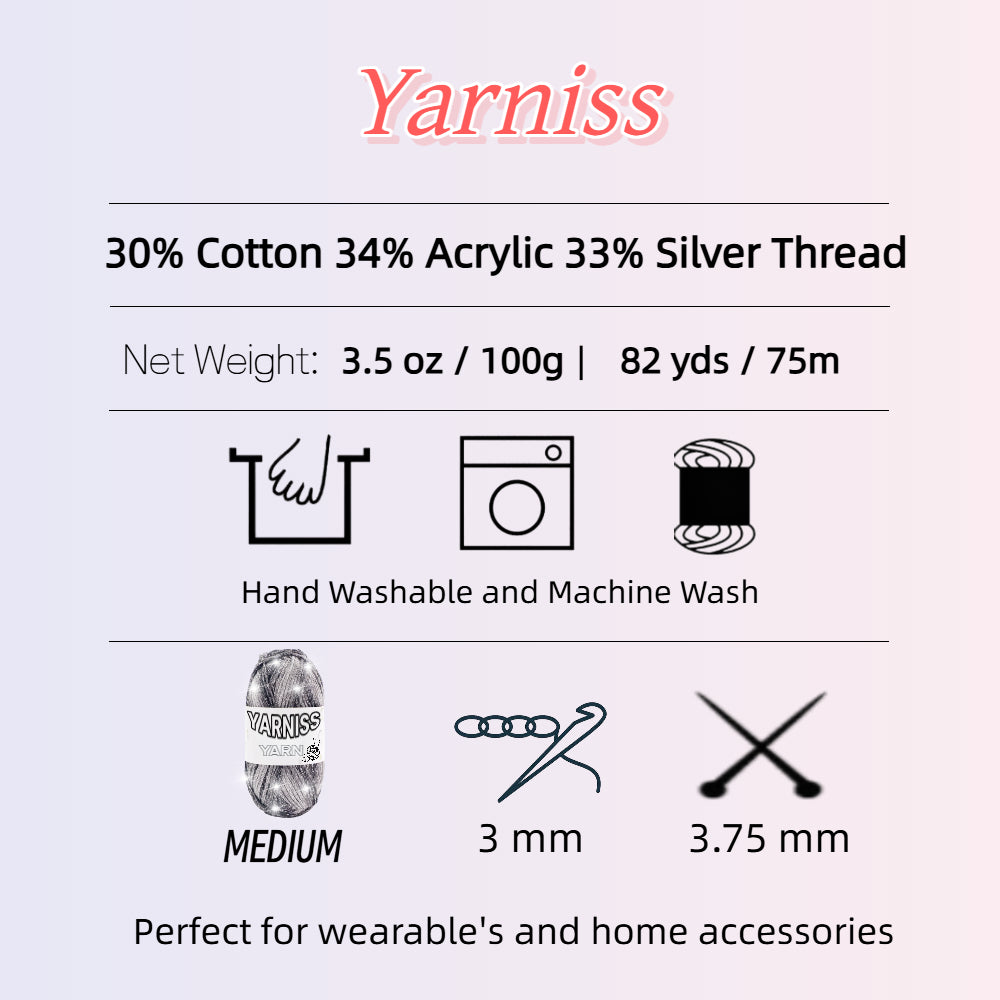 Yarniss Metallic Crochet Yarn for Knitting, 2.5mm Cotton Sparkle Yarn for Crochet Bag 3 Skeins of 100g/82yds(Black)