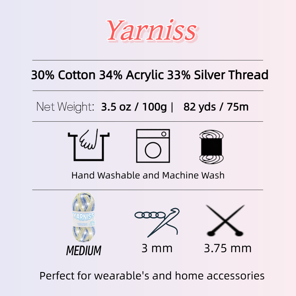 Yarniss Metallic Crochet Yarn for Knitting, 2.5mm Cotton Sparkle Yarn for Crochet Bag 3 Skeins of 100g/82yds(Blue Yellow)