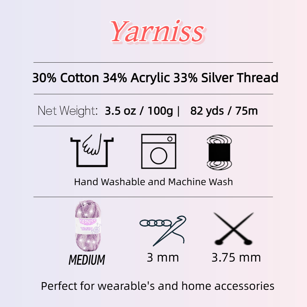 Yarniss Metallic Crochet Yarn for Knitting, 2.5mm Cotton Sparkle Yarn for Crochet Bag 3 Skeins of 100g/82yds(Purple)