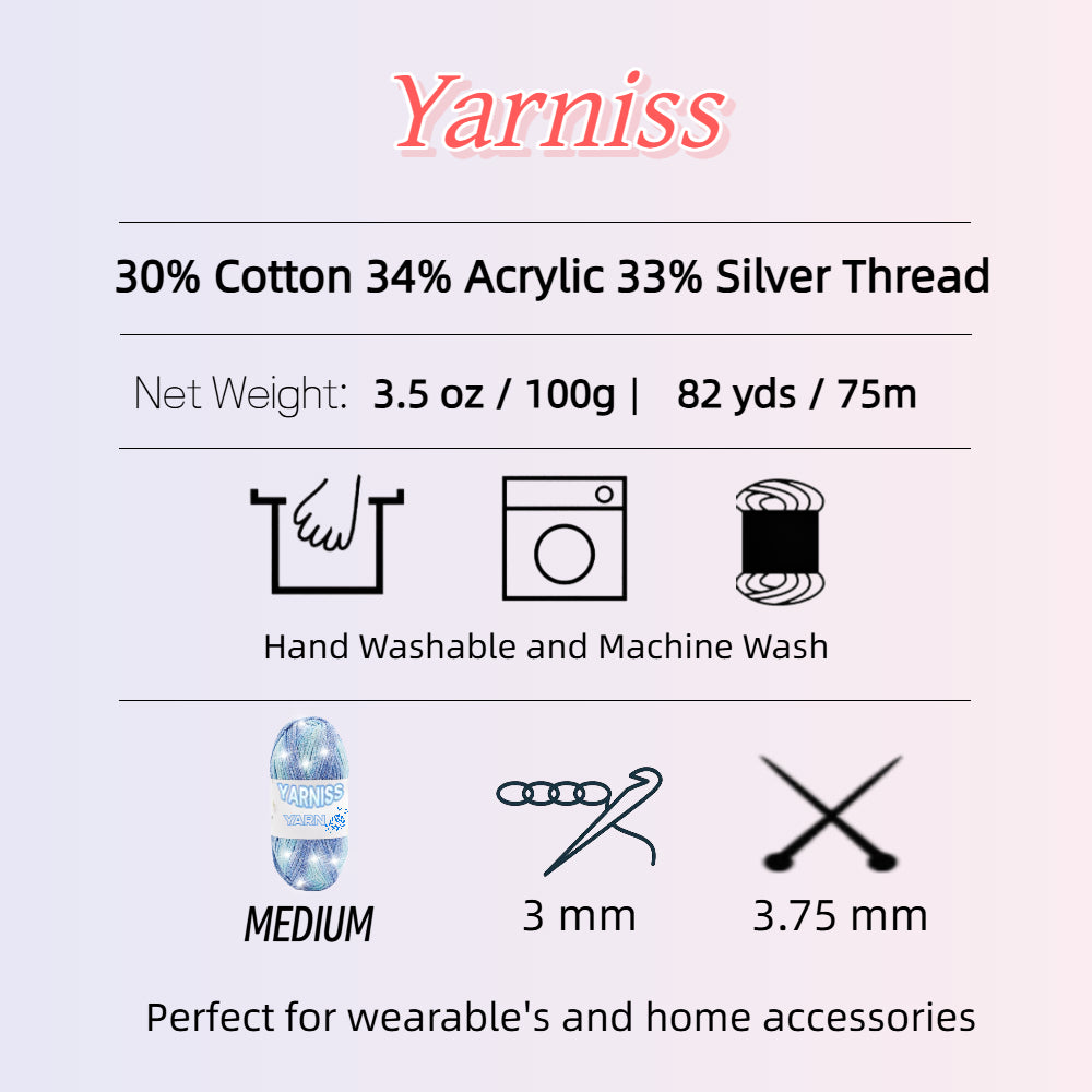 Yarniss Metallic Crochet Yarn for Knitting, 2.5mm Cotton Sparkle Yarn for Crochet Bag 3 Skeins of 100g/82yds(Blue)
