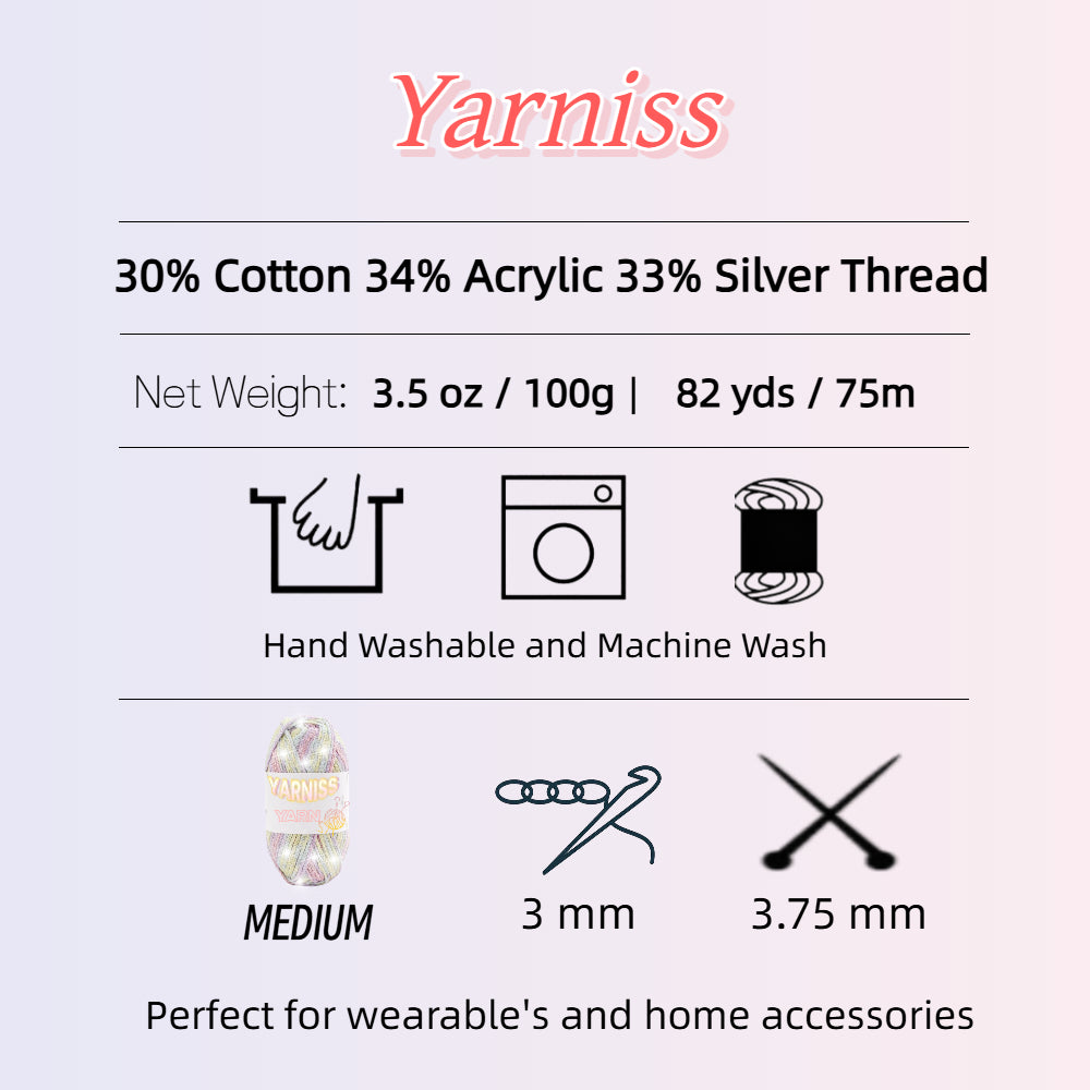 Yarniss Metallic Crochet Yarn for Knitting, 2.5mm Cotton Sparkle Yarn for Crochet Bag 3 Skeins of 100g/82yds(Rainbow Color)