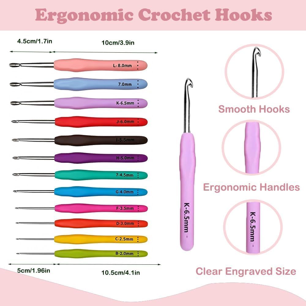 Yarniss Crochet Kits with Yarn,1120 Yards Soft Crochet Skeins, 12 Size Ergonomic Crochet Hooks with Portable Crochet Bag (Pink/Black)