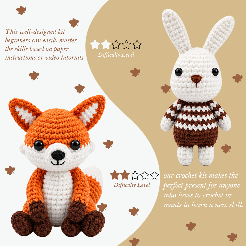 Yarniss Animal Crochet Kit for Beginners-2-Piece Little Rabbit and Fox Crochet Starter Kit with Step-by-Step Video Tutorials, DIY Craft Gifts