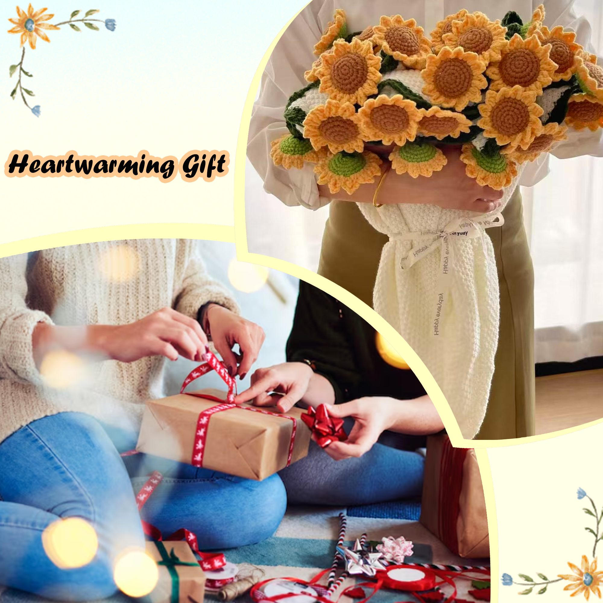 Yarniss Finished Crochet Sunflower Bouquet Blanket,49 Inch Round Sunflower Floral Knitted Gift,Hand Crocheting Blanket(52pcs Petals)