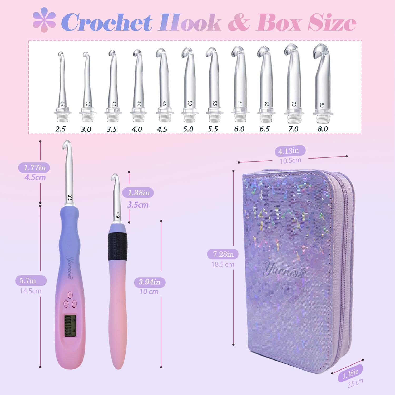 Yarniss Light Up Metal Head Crochet Hooks 2.5-6.5mm,2 Size Lighted Knitting Needles Set 4.25mm 5.0mm, Includes 2 Extra USB Rechargeable Heads with Case