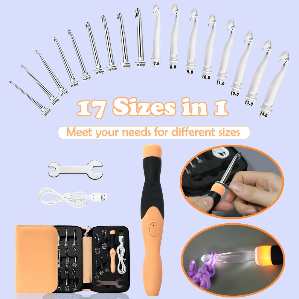 Yarniss 17 Size Lighted Crochet Hooks Set 2.5 mm to 14.0 mm, Plastic&Metal Rechargeable Light Up Crochet Hooks with Case