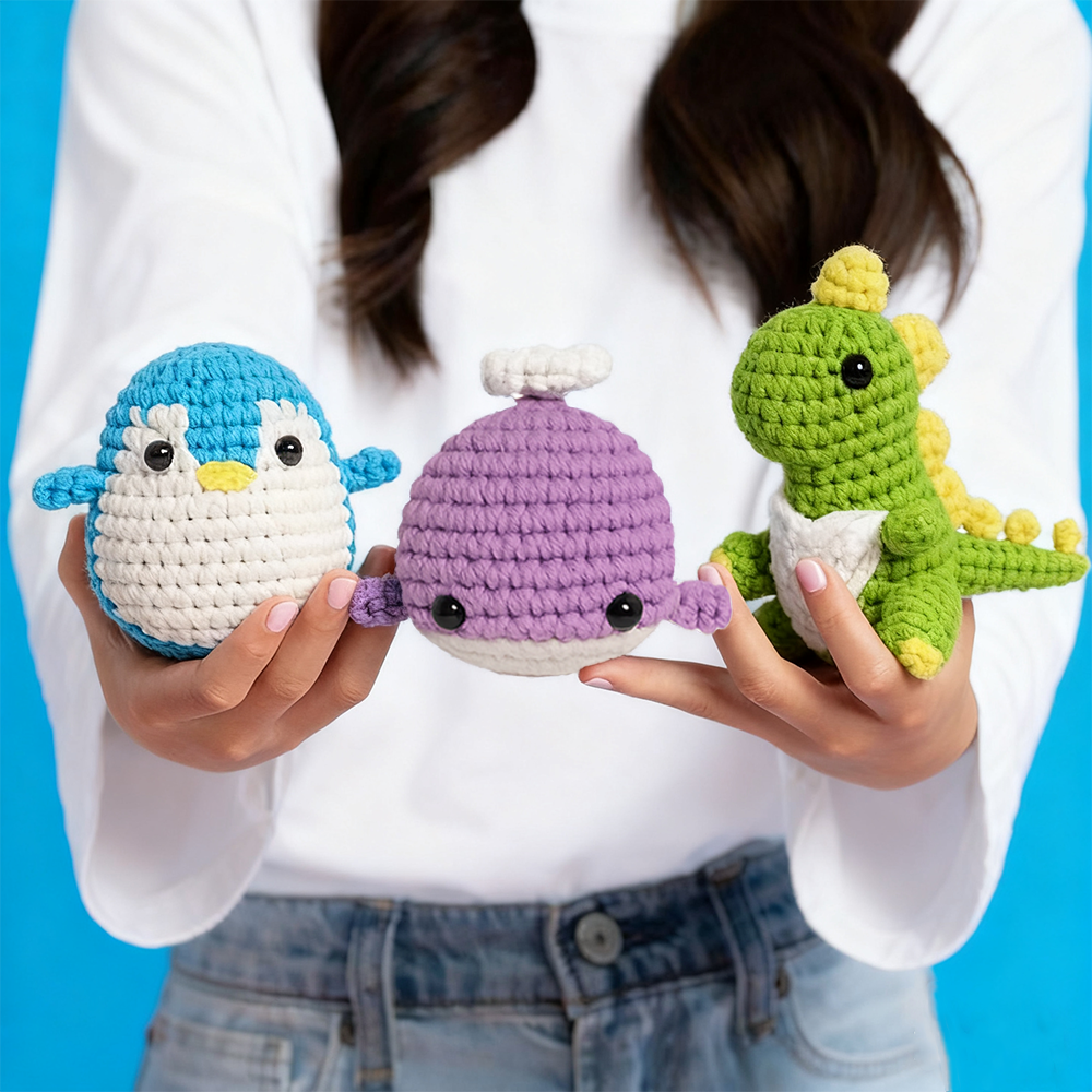 Yarniss Crochet Kit for Beginners,Easy Arts and Crafts Knitting & Crochet Animals Kit,Complete Kit Included ( Penguin,Whale,Dinosaur)