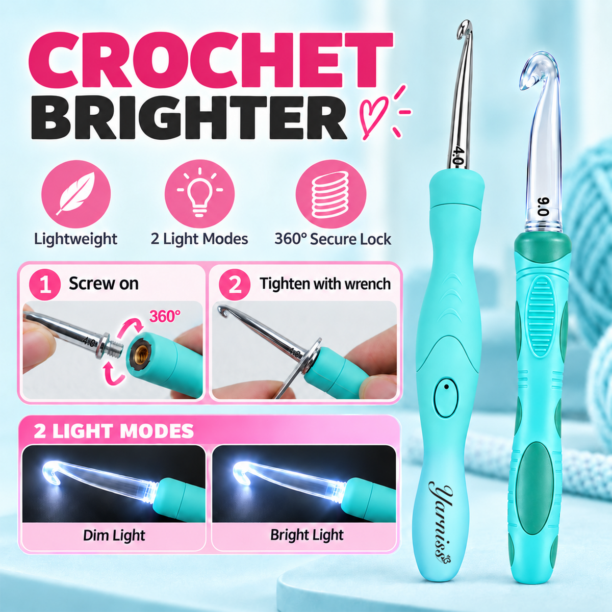 Yarniss Lighted Crochet Hooks Set with Copper Screw Knob Handle, Light Up Metal Crochet Hooks with Ergonomic Handle