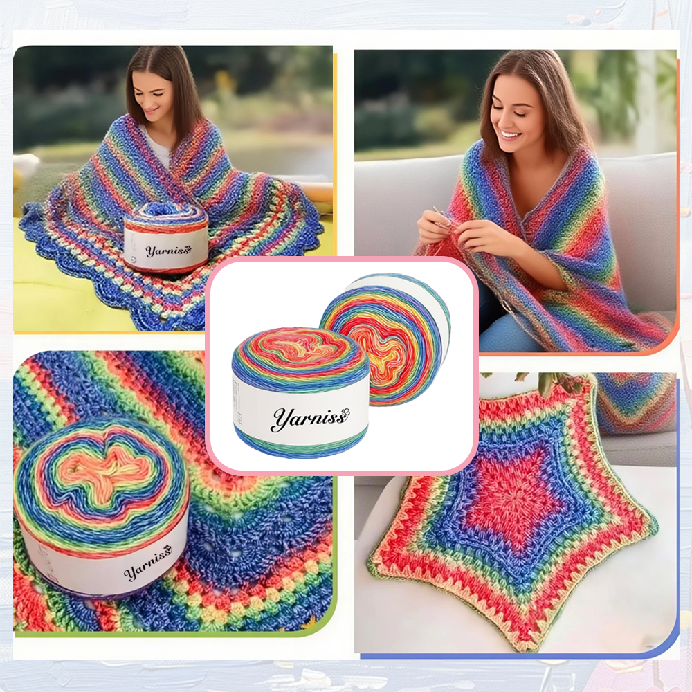 Yarniss Crochet Cake Yarn for Knitting, Gradient-Colored Ombre Yarn for Blanket&Shawl, Rainbow Cotton Yarn 2x150g