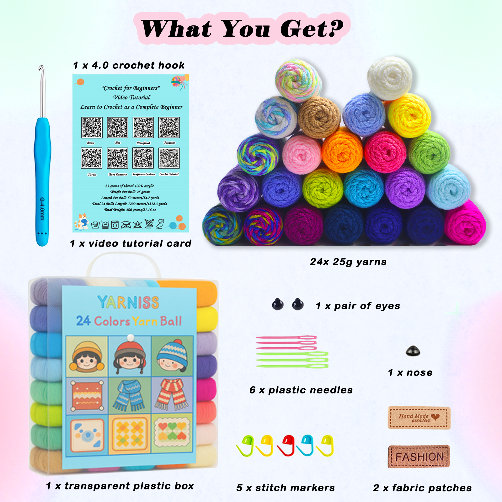 Yarniss Crochet Yarn Kits, 1312 Yards Acrylic Crochet Yarn for Crafts,24 Colors Knitting Yarn Skeins with 4.0mm Crochet Hook
