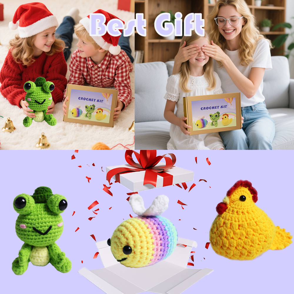 Yarniss Crochet Kit for Beginners,DIY Crochet Animal Kits for Bee,Frog,Chicken