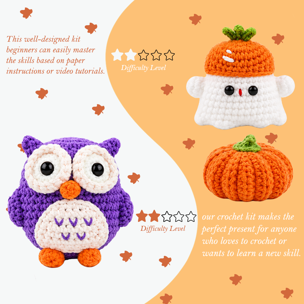 Yarniss Crochet Kit for Beginners-3 Pcs Animal Crochet Kit with Little Pumpkin, Little Ghost and Owl-Crochet Kits for Adults Beginner with Video Tutorials