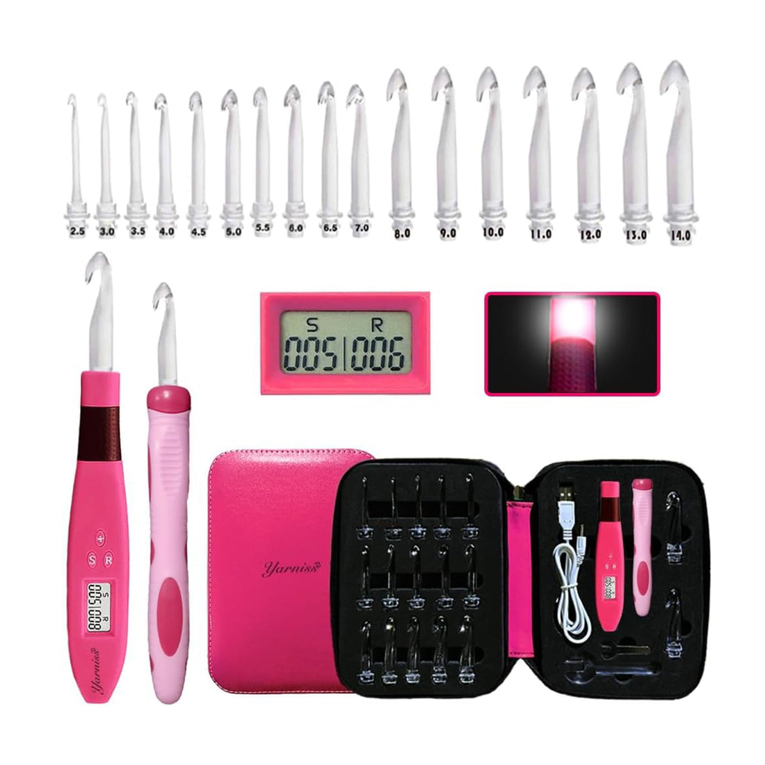 Yarniss 17 Size Lighted Crochet Hooks Set 2.5 mm to 14.0 mm, Plastic&Metal Rechargeable Light Up Crochet Hooks with Case