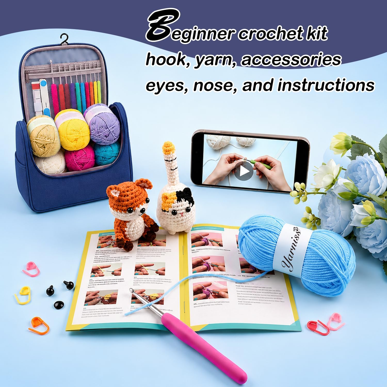 Yarniss Crochet Kit for Beginners,Crochet Kits with 1120 Yards Crochet Yarn Balls and 14 PCS Crochet Hooks Set Travel Knitting Crochet Supplies