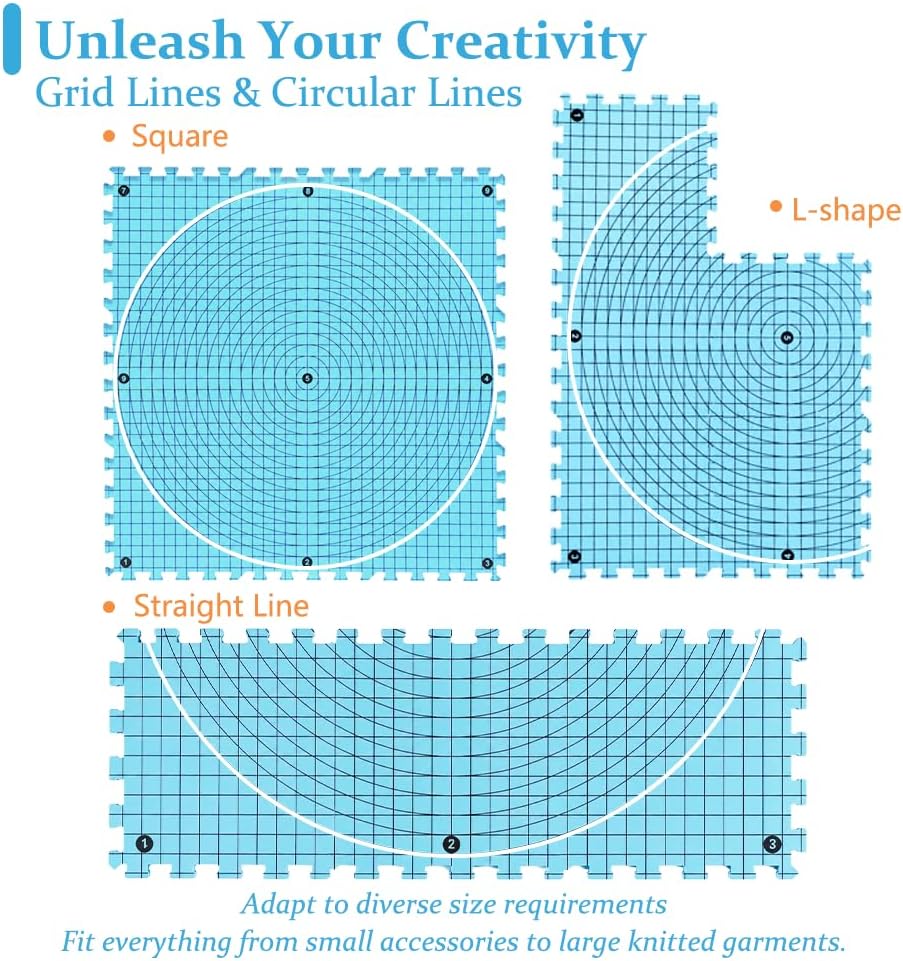 Yarniss Blocking Mats for Knitting & Crochet, 9PCS Interlocking Blocking Boards with Grids & Circle Line, 12" x 12" Crochet Blocking Board with 50 T-Pins, 8 Blocking Combs，Light Blue