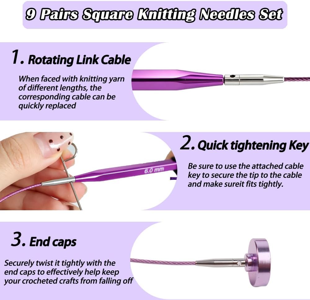 Yarniss 9 Pairs Square Circular Knitting Needles Set US 2.5~11, Interchangeable Knitting Needles Set,4.5" Aluminum Cubic Tips with 4 Flexible Cables&Storage Case