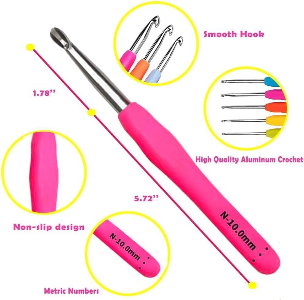Yarniss 14 Size Crochet Hooks 2.0mm(B)-10.mm(N), Crochet Hook with Ergonomic Soft Grip