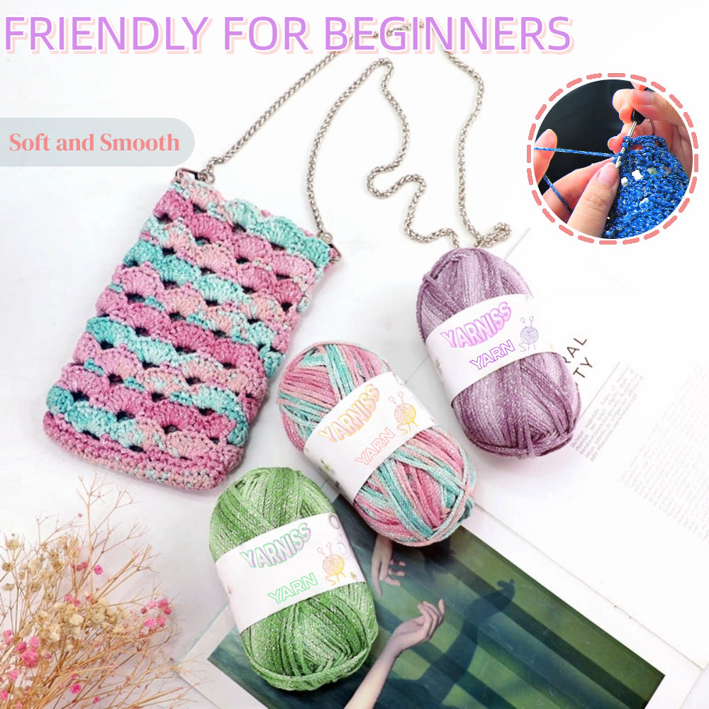 Yarniss Metallic Crochet Yarn for Knitting, 2.5mm Cotton Sparkle Yarn for Crochet Bag 3 Skeins of 100g/82yds(Purple)