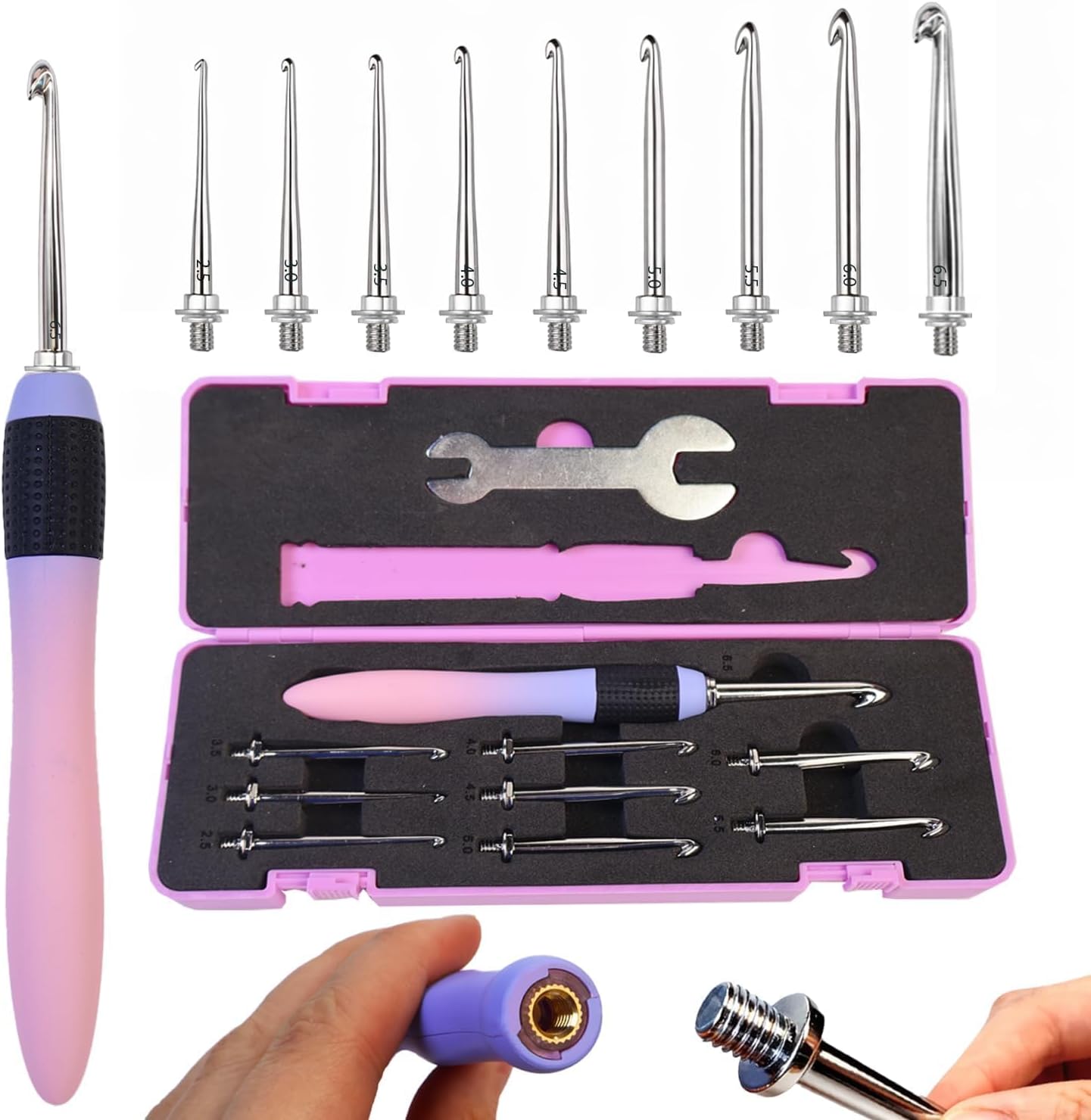 Yarniss Crochet Hooks Set, 9 Sizes 2.5mm-6.5mm Interchangeable Crochet Hooks with Screw Handle, Gradient Purple Ergonomic Comfort Grip, Comes with Wrench & Storage Case