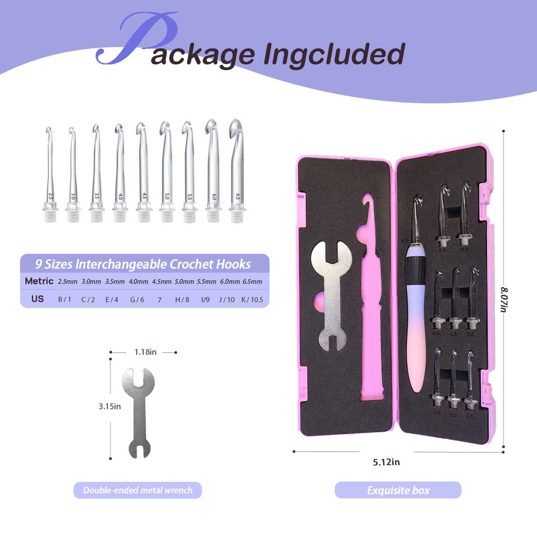 Yarniss Crochet Hooks Set, 9 Sizes 2.5mm-6.5mm Interchangeable Crochet Hooks with Screw Handle, Gradient Purple Ergonomic Comfort Grip, Comes with Wrench & Storage Case