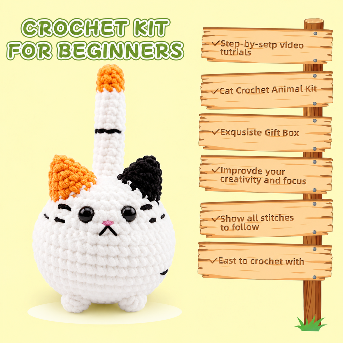 Yarniss Crochet Kit for Beginners, Big Calico Cat Starter Kit with Video Tutorials