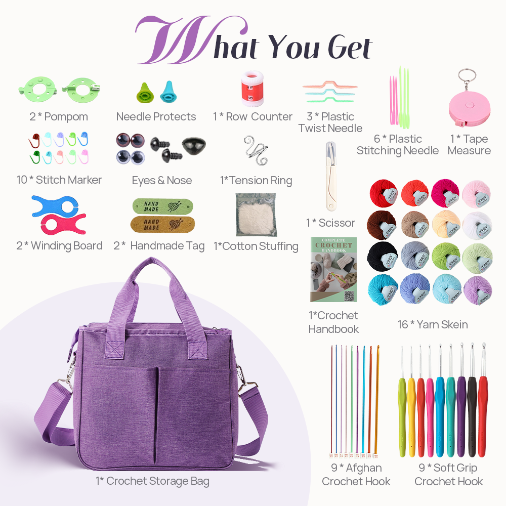 Yarniss Crochet Kits for Beginner Adults,1136 Yards Yarn Skeins Balls and Crochet Set with 9 Size Crochet Hooks, Afghan Crochet Needles 2.0-6.0mm,Knitting Kits Storage Organizer