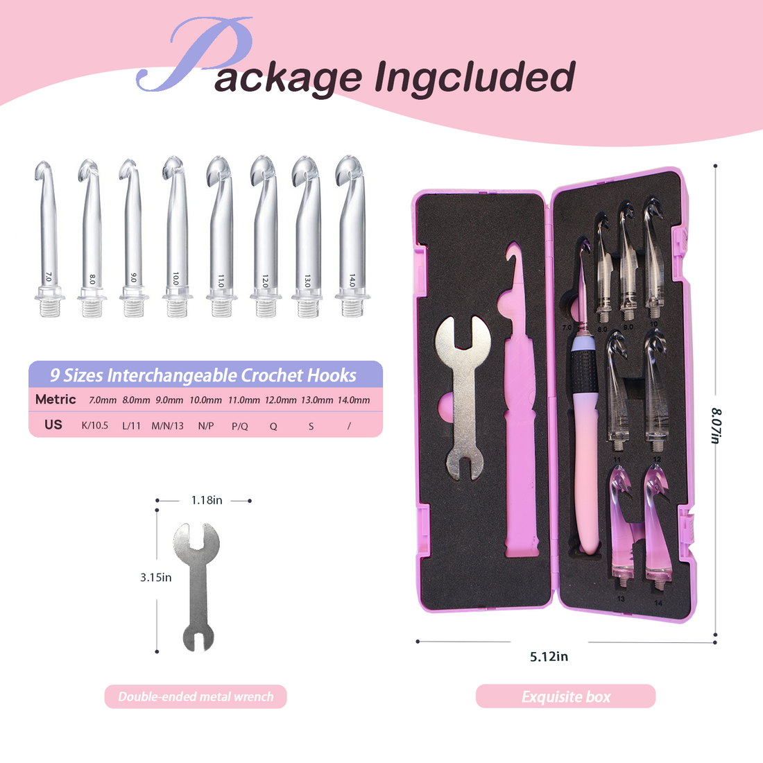 Yarniss 8 Large-Size Gradient Purple Handles, 7.0mm-14mm Interchangeable Plastic Needles (Screw-On Type, Includes Wrench)