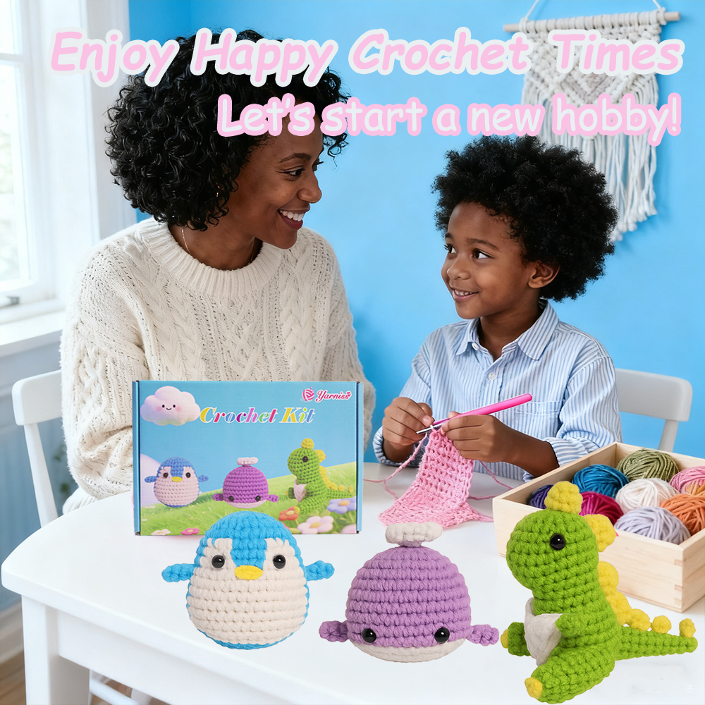 Yarniss Crochet Kit for Beginners,Easy Arts and Crafts Knitting & Crochet Animals Kit,Complete Kit Included ( Penguin,Whale,Dinosaur)