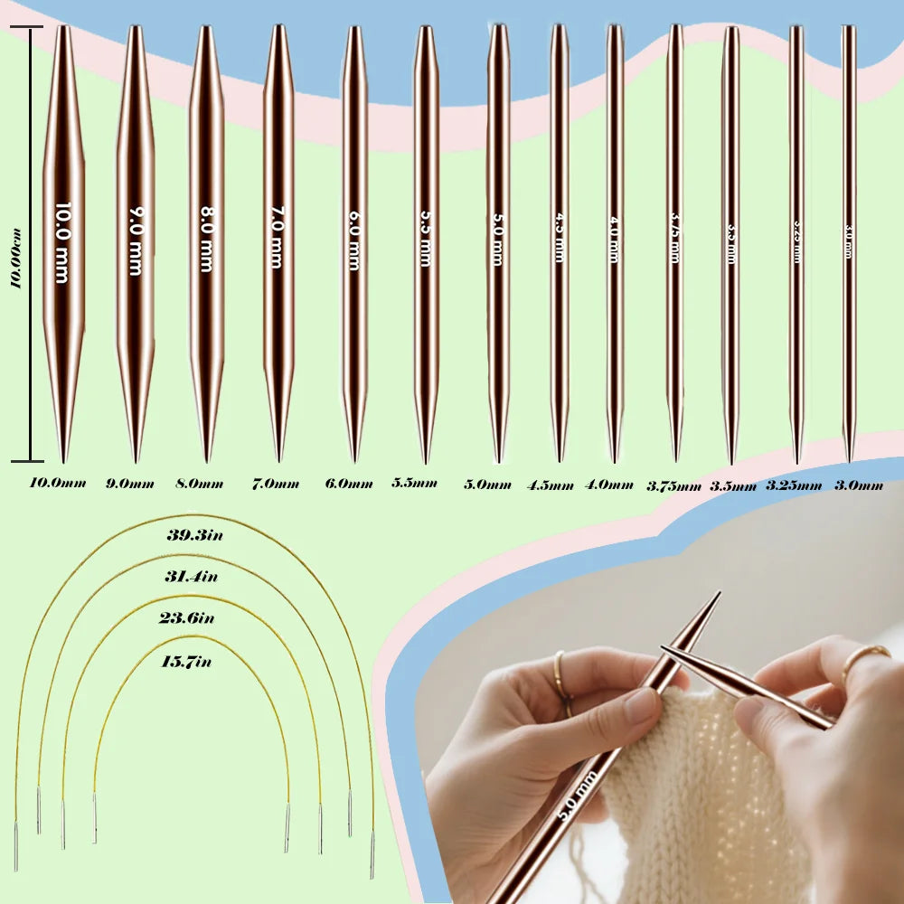 Yarniss Interchangeable Circular Knitting Needles Set ,13 Pairs of Aluminum Circular Knitting Needle for Handmade DIY Knitting with Knitting Accessories (3.0mm - 10.0mm)