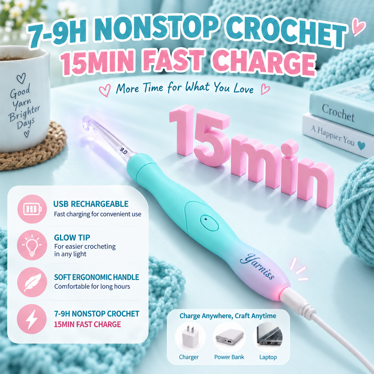 Yarniss Lighted Crochet Hooks Set with Copper Screw Knob Handle, Light Up Metal Crochet Hooks with Ergonomic Handle