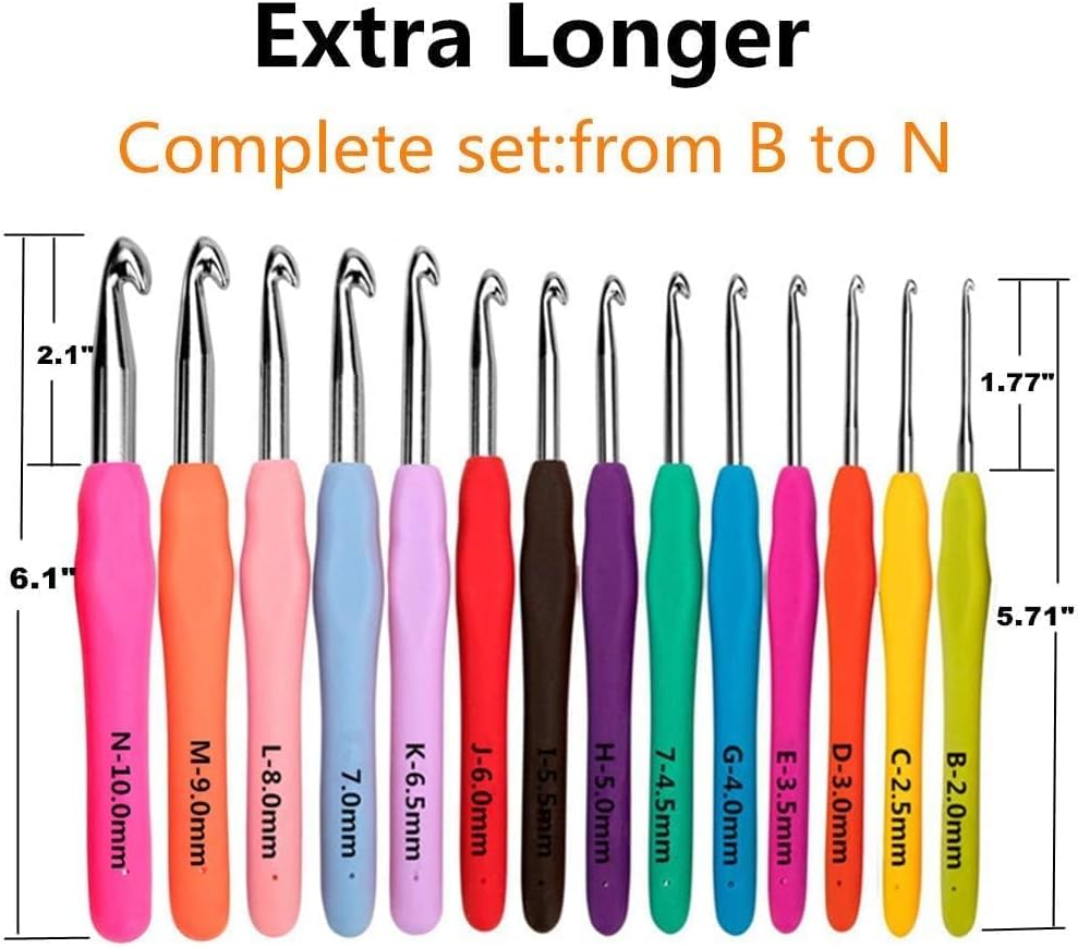 Yarniss 14 Size Crochet Hooks 2.0mm(B)-10.mm(N), Crochet Hook with Ergonomic Soft Grip